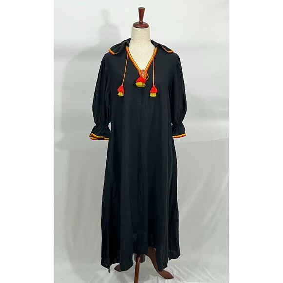 ELEVEN March 11 Sz S Small Black Linen Orange Yellow Trim Tassels Midi Dress - Picture 10 of 10
